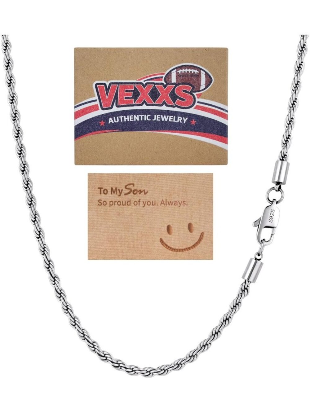 Men's 18K Gold Filled Rope Chain Necklace - 3mm Sterling Silver Gift Idea